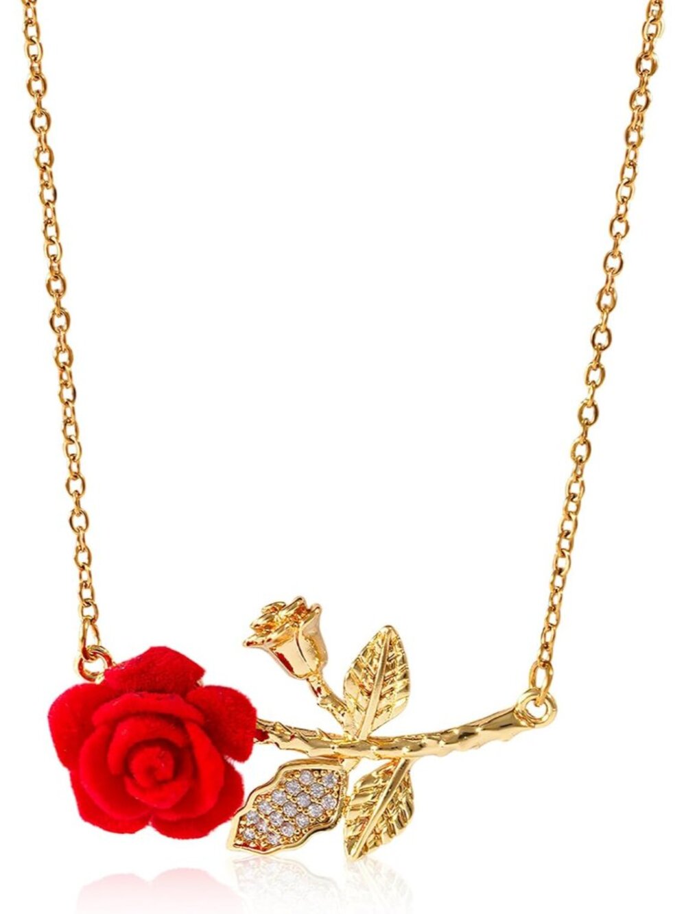 Rose Necklace for Women, Red Rose Flower Pendant with Crystal Leaf on Gold Chain